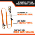 6’ SINGLE LEG EXTERNAL SHOCK ABSORBING LANYARD W/ 2 STEEL SNAP HOOKS - high vis webbing material, zinc coated steel snap hooks, compliant with ansi and osha standards.