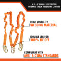 4.5' - 6’ DOUBLE LEG STRETCH INTERNAL SHOCK ABSORBING LANYARD WITH 3 STEEL SNAP HOOKS - high vis webbing material, double leg for 100% tie off, compliant with ansi and osha standards.
