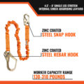 4.5' - 6’ SINGLE LEG STRETCH INTERNAL SHOCK ABSORBING LANYARD WITH 1 REBAR HOOK AND 1 STEEL SNAP HOOK - zinc coated steel snap hook, zinc coated steel rebar hook, worker capacity range 130 - 310 lbs.
