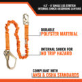 4.5' - 6’ SINGLE LEG STRETCH INTERNAL SHOCK ABSORBING LANYARD WITH 1 REBAR HOOK AND 1 STEEL SNAP HOOK - durable polyester material, internal shock for no trip hazard, compliant with ansi and osha standards.