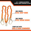4.5' - 6’ DOUBLE LEG STRETCH INTERNAL SHOCK ABSORBING LANYARD WITH 2 REBAR HOOKS AND 1 STEEL SNAP HOOK - zinc coated steel snap hook, zinc coated steel rebar hooks, compliant with ansi and osha standards.