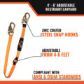 4' - 6' ADJUSTABLE RESTRAINT LANYARD WITH 2 STEEL SNAP HOOKS - zinc coated steel snap hooks, adjustable from 4-6 feet, compliant with asi and osha standards.